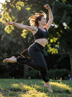 Dancer leaping, light catching hair