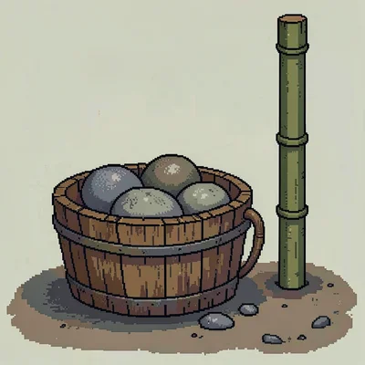 Weathered wooden bucket holding three smooth river stones positioned beside a ba