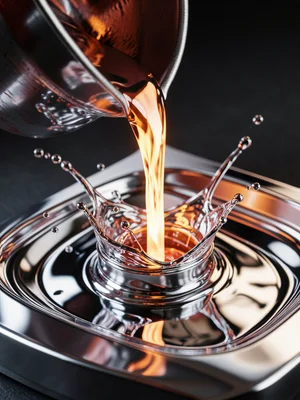 Molten iron being poured from crucible, glowing orange-white stream flowing into