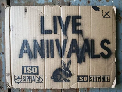 A wooden shipping crate stenciled with "LIVE ANIMALS" and a rabbit pictogram in 