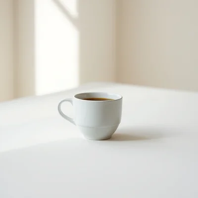 Minimalist photography of a single white ceramic coffee cup centered on a plain off-white background, soft natural windo