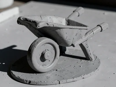 Wheelbarrow rendered as raw clay structure, single wheel a heavy disc, handles t