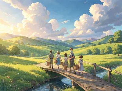 A family walking single-file across a wooden footbridge over a meadow stream, ca