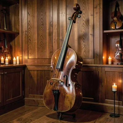 Warm vertical hero of a finished double bass leaning in a wood-paneled showroom,
