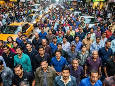 Crosswalk crowd compressed into layers of people