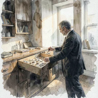 Atmospheric wash of an archivist silhouette pulling a wide flat-file drawer of s