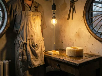 Atmospheric corner of the wheel station with a folded apron, a wet sponge, and a