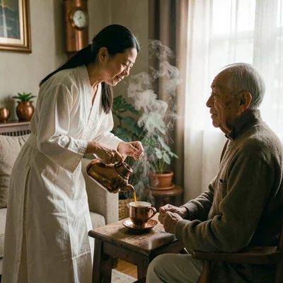 Intimate warm-toned photograph, Woman in white traditional dress pouring coffee 