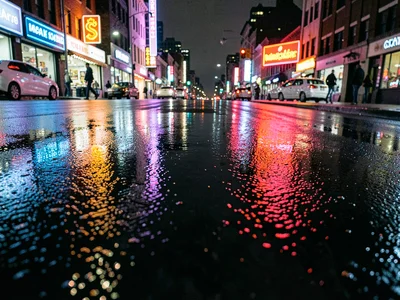 Wet pavement neon reflection