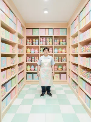 A candy shop interior — floor-to-ceiling shelves of Easter chocolates in identic