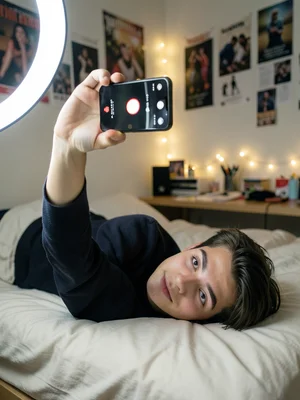 A teenager lying on their bed filming a TikTok, phone held overhead at arm's len