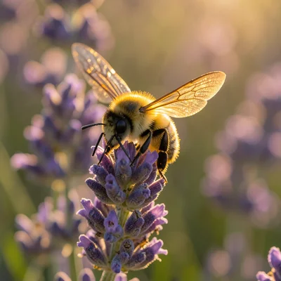 Close-up of a bumblebee on a lavender flower, wings frozen mid-beat, shallow dep