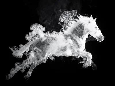 Dense smoke plume in the shape of a running horse, frozen by flash, dark backgro