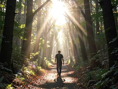 Figure walking away down forest path, tree tunnel backlit, god rays piercing