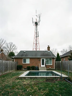 Cell tower in a residential backyard — suburban house, small pool, tower rising 