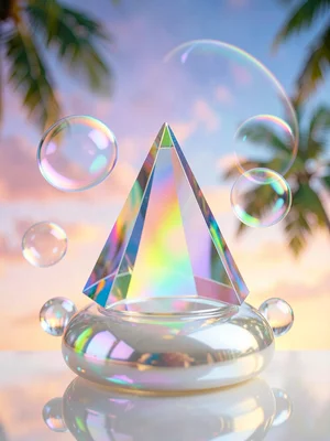 Prismatic crystal pyramid hero positioned on a reflective pearl plinth against a
