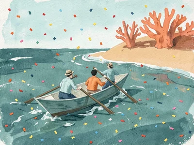Rowing a paper boat painted in dusty teal, four figures cross a confetti-strewn
