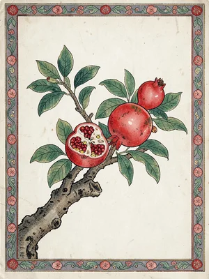 Pomegranate branch showing open fruit revealing seeds, auspicious abundance