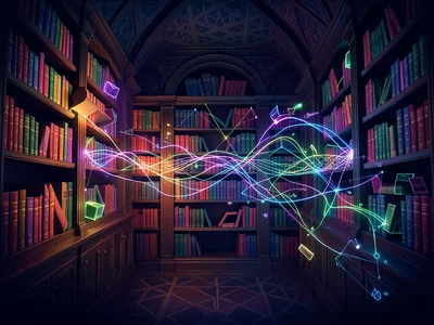 Victorian library with books that glow and float, data streams between shelves