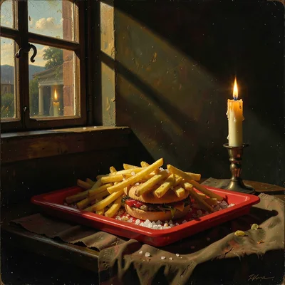 A tray of french fries lit from a single high window, deep shadows on red plasti