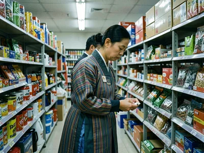 Traditional striped hanbok browsing shelves at hardware store, paint chips in ha