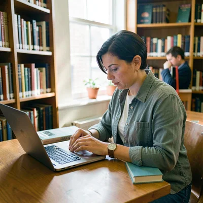 Documentary photography, unposed moment, Person in library studying with laptop 