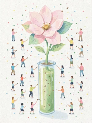 Flat-shape gouache composition of small figures arranged in a grid feeding tiny