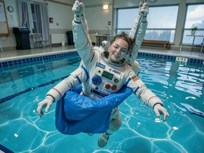 Astronaut in training pool, suspended in blue nothing, rehearsing loneliness