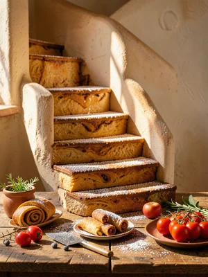 Spiral staircase made of rolled cinnamon pastry, sugar dust catching light