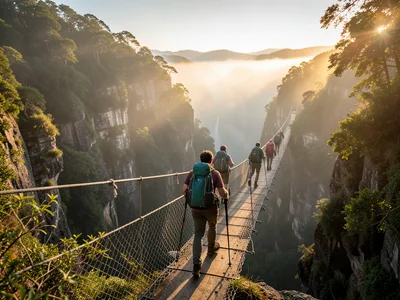 Hikers crossing a suspension bridge over a misty gorge, backpacks, trekking pole