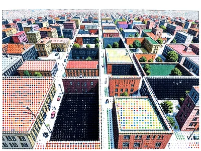 Rooftop view of a city grid — streets, blocks, shadow all in systematic dot arra