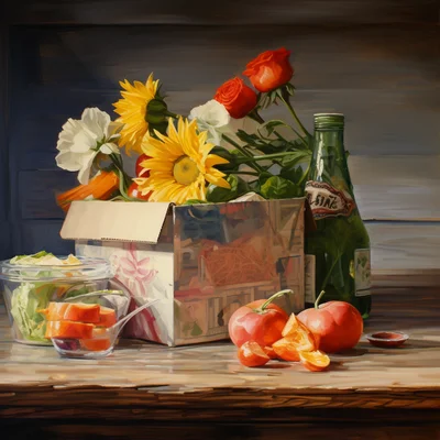Oil painting of a kraft dinner box on the counter. na