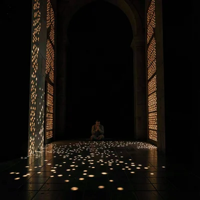 Tall mosque-style hall with a perforated screen casting a constellation of brigh