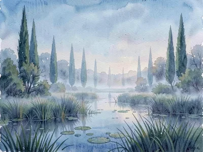 Painterly soft humid haze settles over a quiet wetland at blue hour while distan