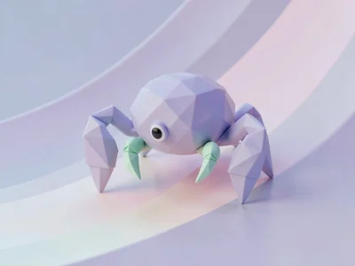 Pinching lavender lowpoly crab with chunky triangulated claws and tiny mint legs