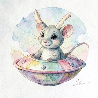 A friendly alien mouse with torn-paper antennae waving from a crayon flying sauc
