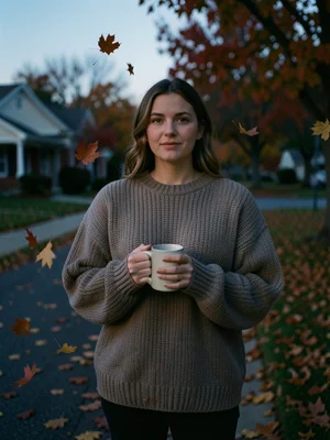 Person in oversized sweater holding a mug of cider, autumn leaves falling around