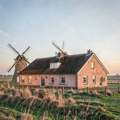 a Dutch polder farmhouse at clear morning, low brick walls warmed pink, a single