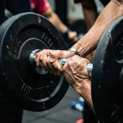 Close-up of hands gripping a barbell loaded with weight plates