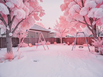 Suburban backyard in infrared where the grass is snow and the trees are cotton c