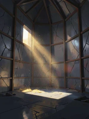 Empty grain silo interior with a single sun shaft through a wall hole, warm hone