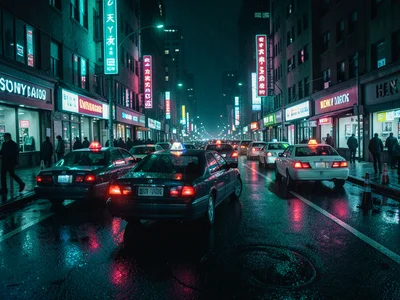 A taxi queue in the rain, each cab's roof light a different color, taillights tr