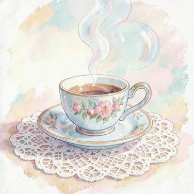 Steaming teacup on lace doily