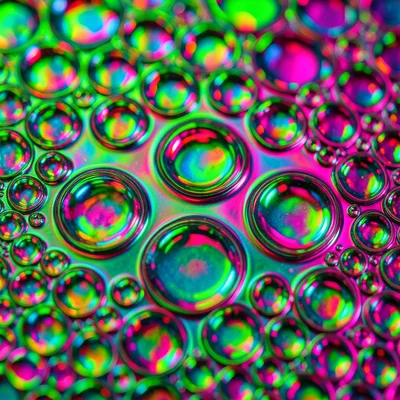 Oil bubbles on water lit from below with shifting colors, cellular pattern in ps