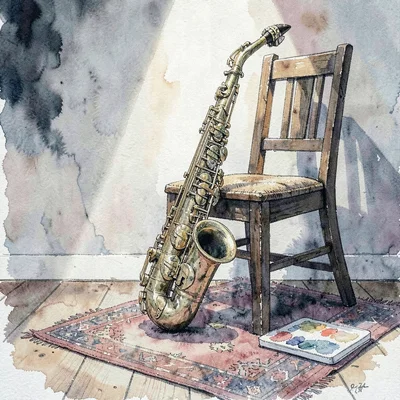 Illustration of a tenor saxophone leaning against a wooden chair, pooled spotlig