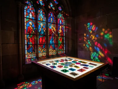 A stained glass artist's lightbox with glass pieces laid out like a puzzle, some