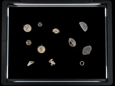 Objects scattered on scanner glass, extreme even lighting revealing surfaces imp
