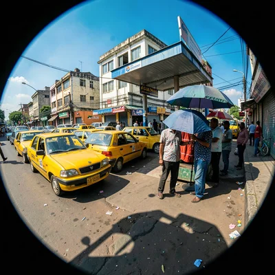 Harsh equatorial noon light casting deep shadows, Taxi stand with yellow Lagos c