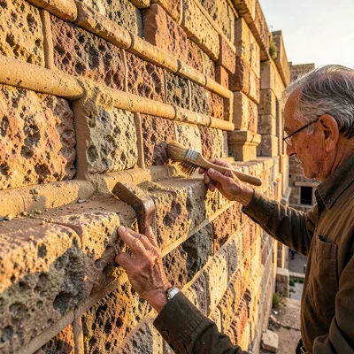 Old Jaffa time-layered, ancient port stone warmth, Archaeologist brushing dust f