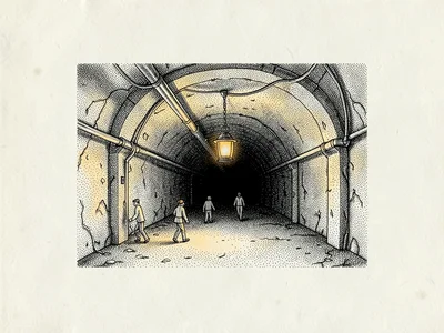 Inside the architectural section of an underground tunnel, tiny figures pass ben